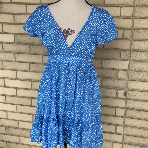Blue Flutter Sleeve Frill Hemline Trim Dalmatian Dress - Picture 6 of 14